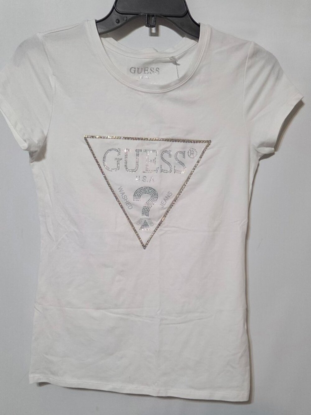 GUESS Women's White Rhinestone Logo Crew Neck Short Sleeve T-Shirt Small
